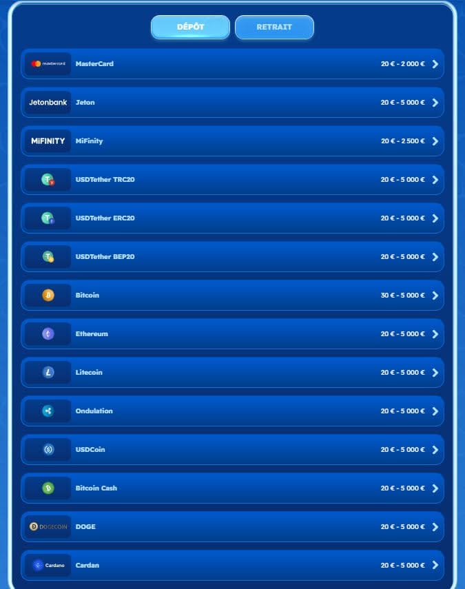 Spinfest Casino moyens paiement